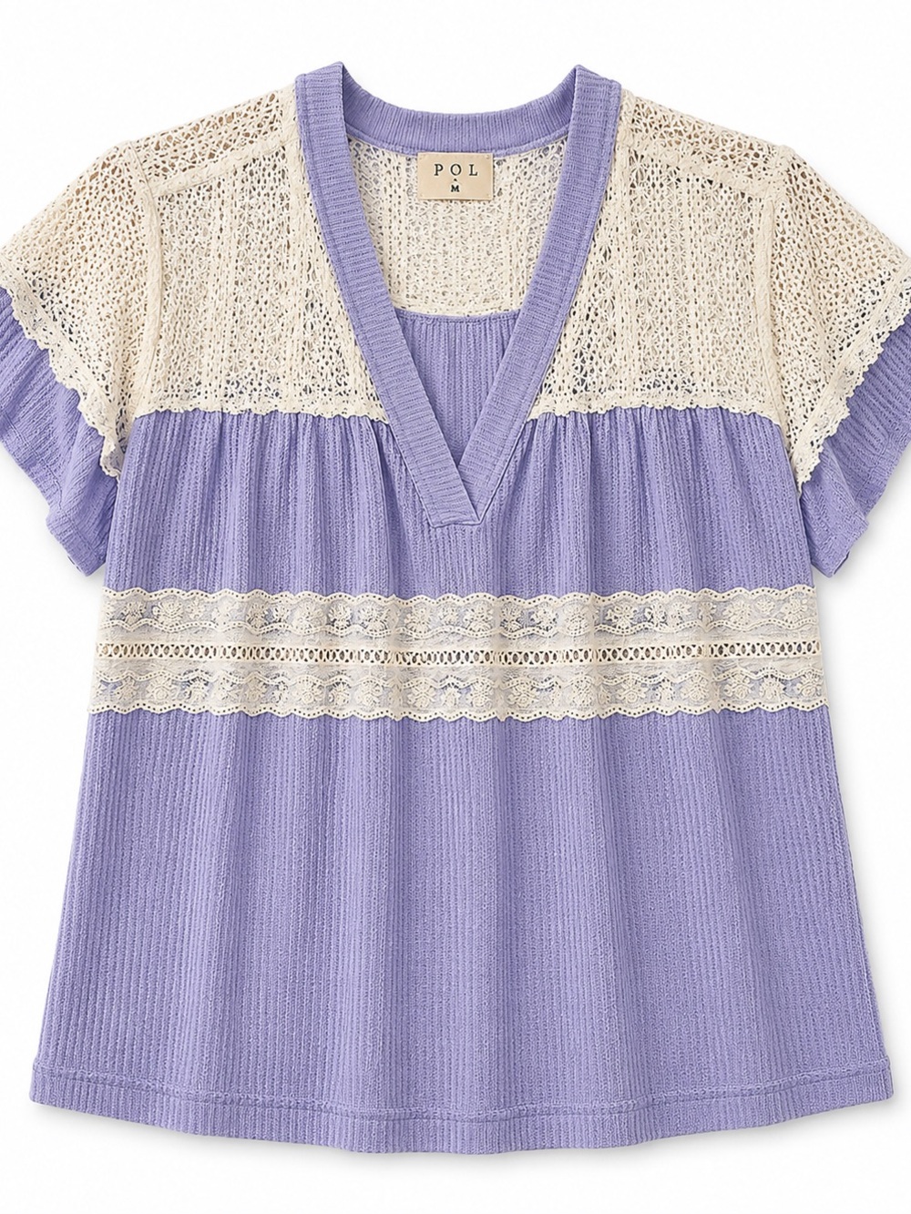 POL V-Neck boho Crochet Lace Inset Waffle Prairie Fairycore Medium